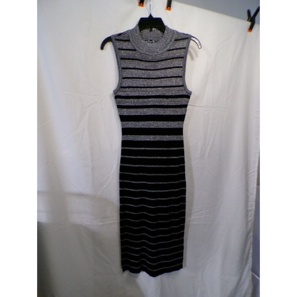 Venus Women's L Bodycon Sleeveless Knit Midi Dress Black Silver Stripes